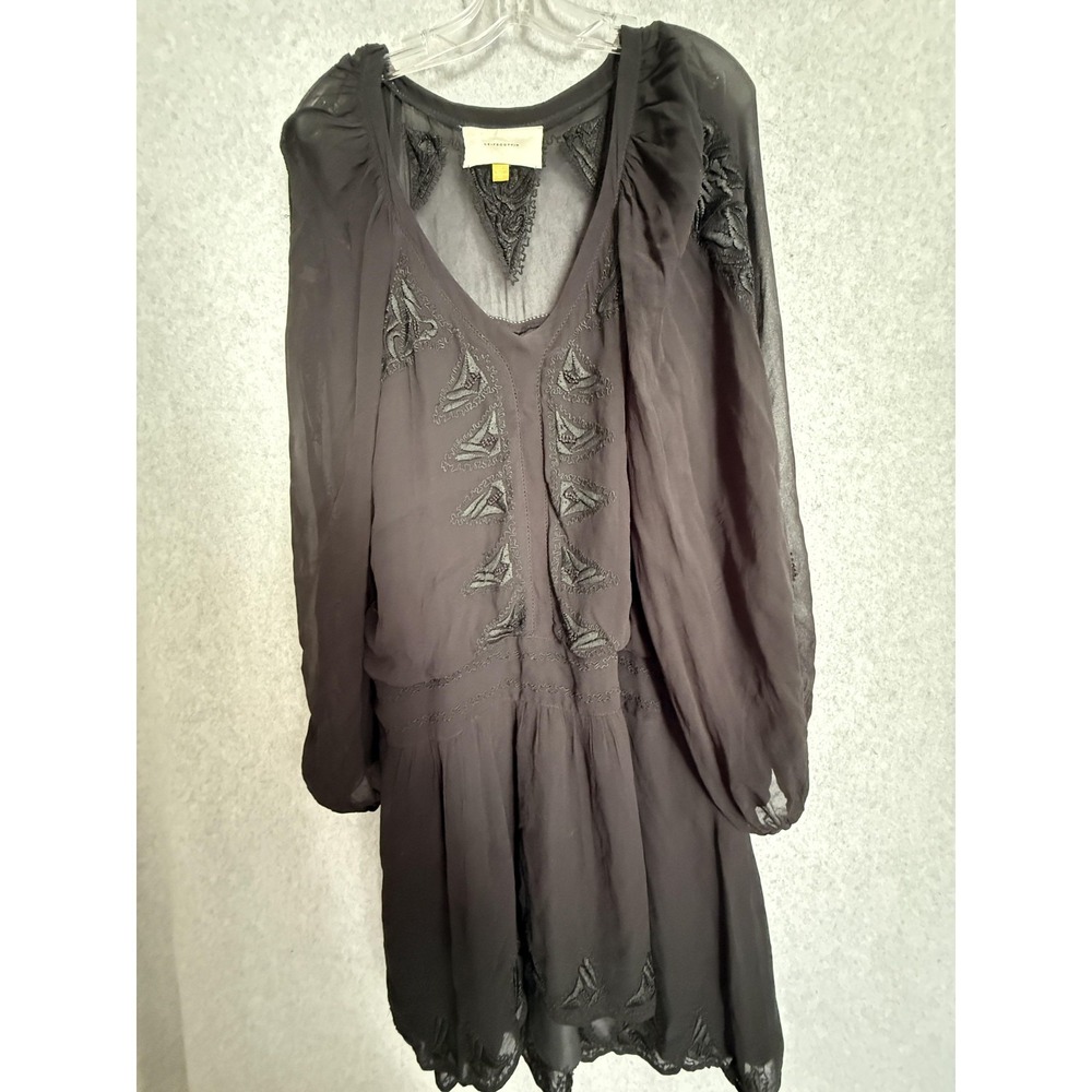 Leifsdottir Dress Womens 14 Black Embroidered Chiffon Shift Long Sleeve Sheer